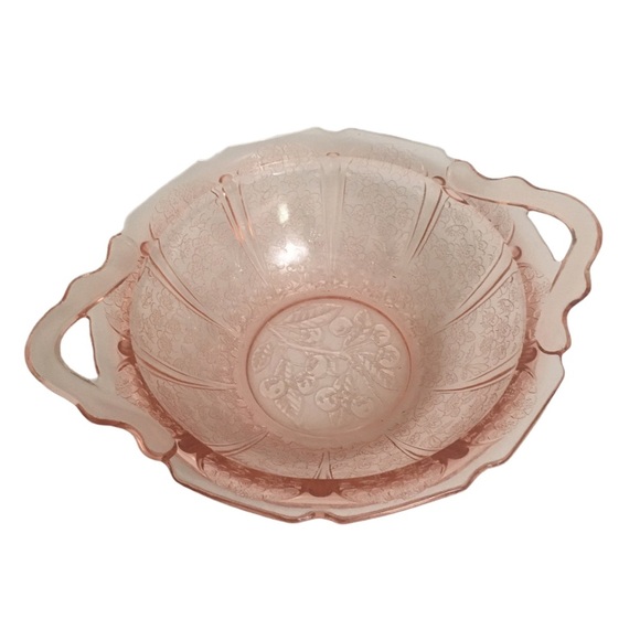 Vintage Jeanette 9” Pink Cherry Blossom Handled Depression Glass Bowl - Picture 2 of 4